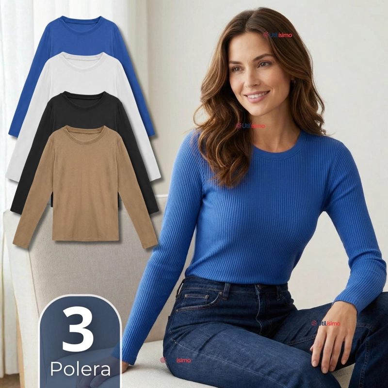 PACK 3 CAMISETAS POLAR POLERA CUELLO REDONDO MUJER MANGA LARGA TELA ACANALADA COLORES SURTIDOS - 1