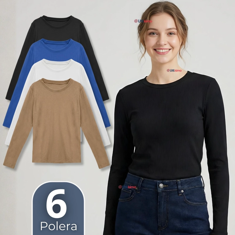 PACK 6 CAMISETAS POLAR POLERA CUELLO REDONDO MUJER MANGA LARGA TELA ACANALADA COLORES SURTIDOS - 1