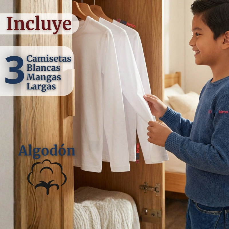PACK 3 CAMISETAS ALGODON MANGA LARGA POLERA PRIMERA CAPA BLANCO NIÑO - 4