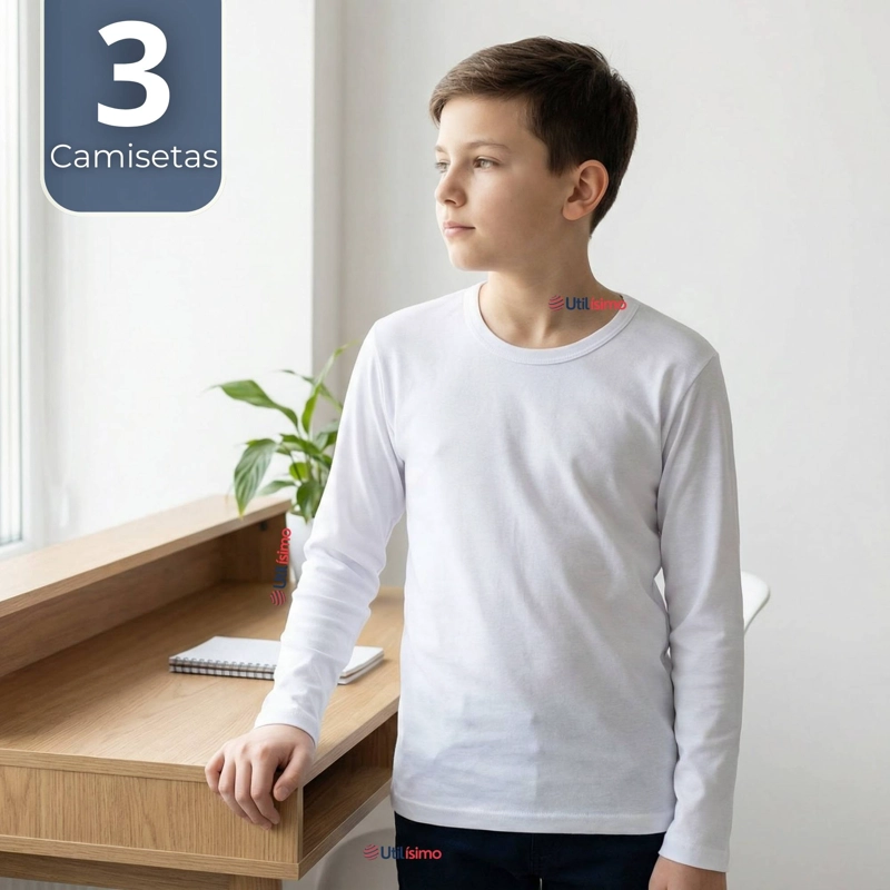 PACK 3 CAMISETAS ALGODON MANGA LARGA POLERA PRIMERA CAPA BLANCO NIÑO - 1