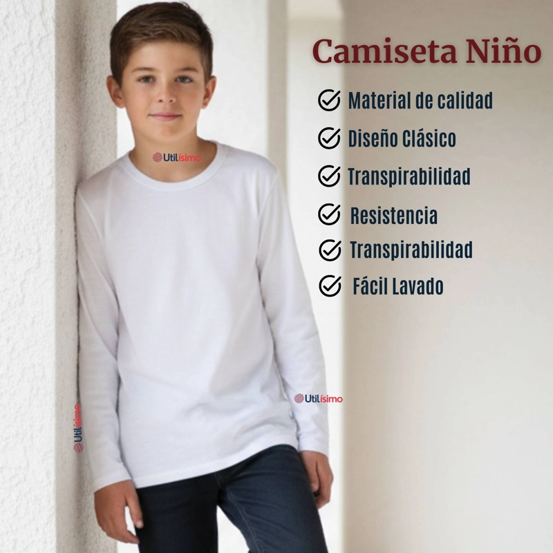 PACK 3 CAMISETAS ALGODON MANGA LARGA POLERA PRIMERA CAPA BLANCO NIÑO - 5