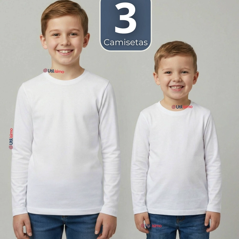 PACK 3 CAMISETAS ALGODON MANGA LARGA POLERA PRIMERA CAPA BLANCO NIÑO - 1