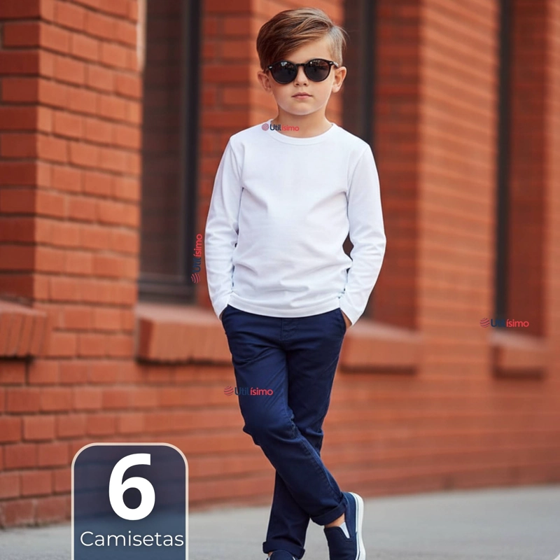 PACK 6 CAMISETAS ALGODON MANGA LARGA POLERA PRIMERA CAPA BLANCO NIÑO - 1
