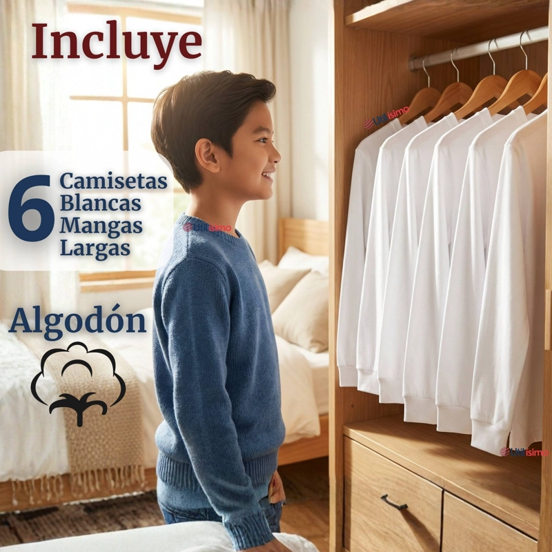PACK 6 CAMISETAS ALGODON MANGA LARGA POLERA PRIMERA CAPA BLANCO NIÑO - 4