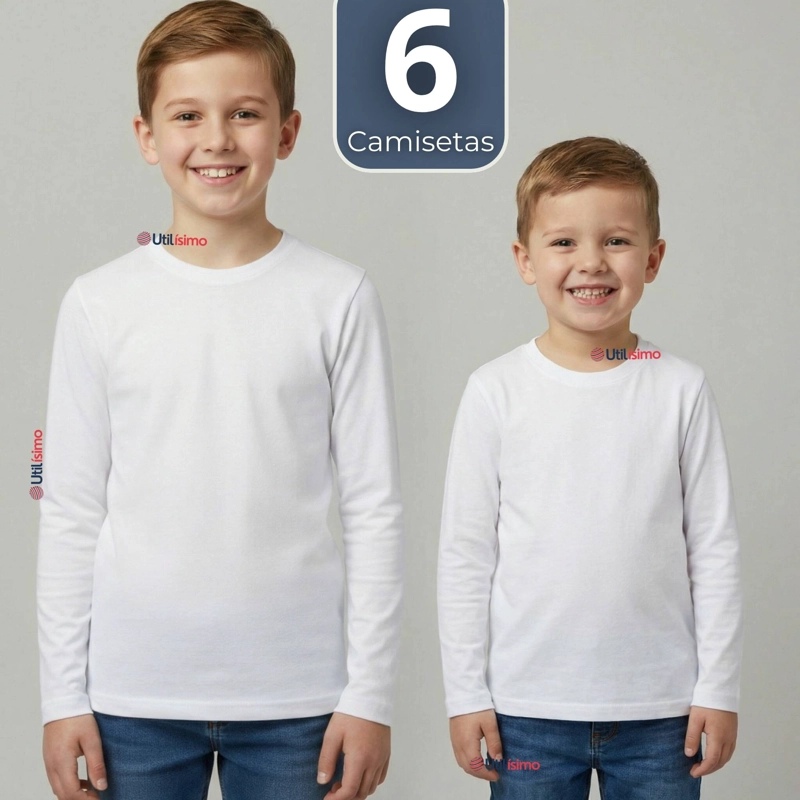 PACK 6 CAMISETAS ALGODON MANGA LARGA POLERA PRIMERA CAPA BLANCO NIÑO - 1