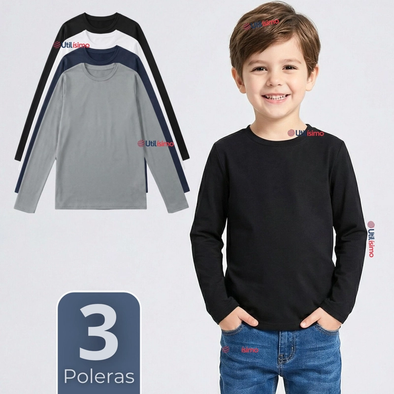 PACK 3 POLERAS CAMISETAS POLAR PRIMERA CAPA CUELLO REDONDO MANGA LARGA COLORES SURTIDO NIÑO - 1