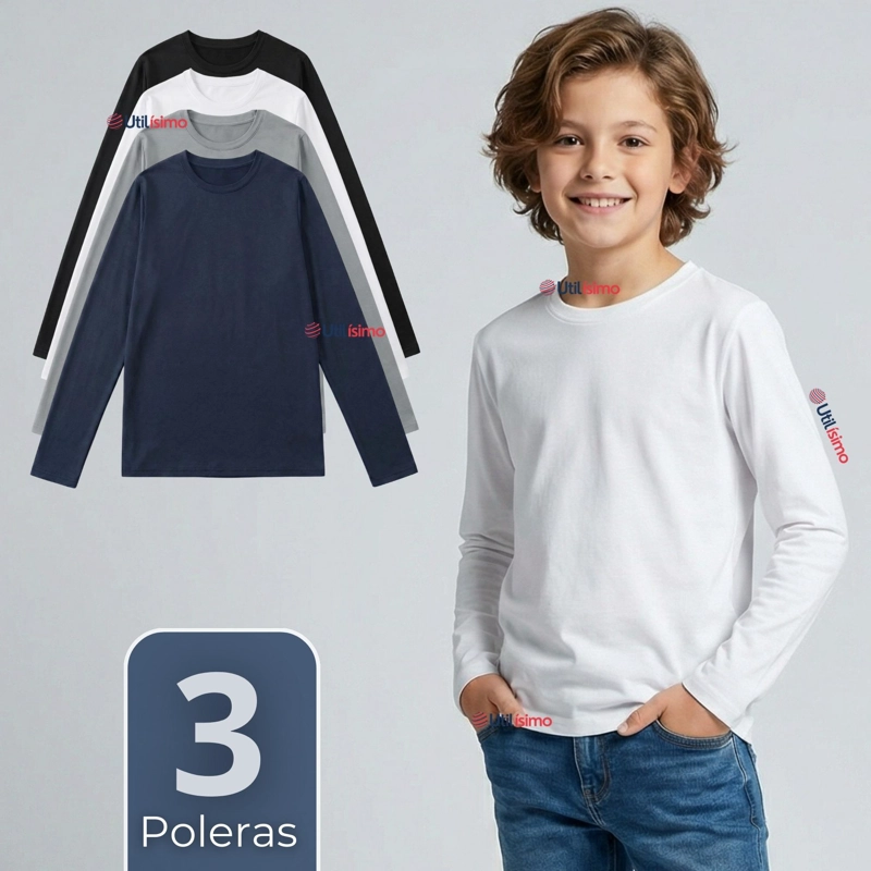 PACK 3 POLERAS CAMISETAS POLAR PRIMERA CAPA CUELLO REDONDO MANGA LARGA COLORES SURTIDO NIÑO - 1