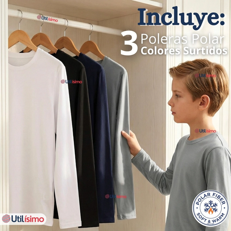 PACK 3 POLERAS CAMISETAS POLAR PRIMERA CAPA CUELLO REDONDO MANGA LARGA COLORES SURTIDO NIÑO - 2