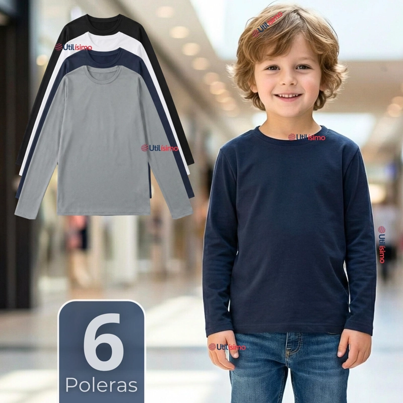 PACK 6 POLERAS CAMISETAS POLAR PRIMERA CAPA CUELLO REDONDO MANGA LARGA COLORES SURTIDO NIÑO - 1