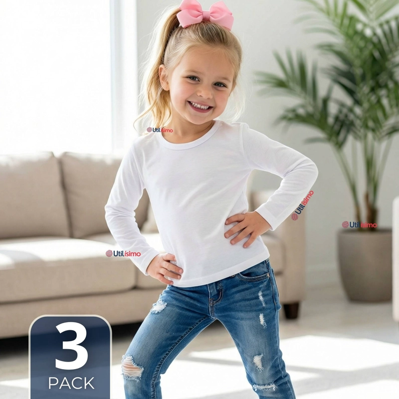 PACK 3 CAMISETAS ALGODON MANGA LARGA POLERA PRIMERA CAPA BLANCO NIÑA - 1