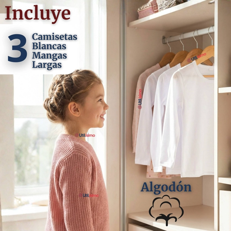 PACK 3 CAMISETAS ALGODON MANGA LARGA POLERA PRIMERA CAPA BLANCO NIÑA - 4