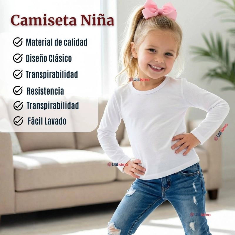PACK 3 CAMISETAS ALGODON MANGA LARGA POLERA PRIMERA CAPA BLANCO NIÑA - 5