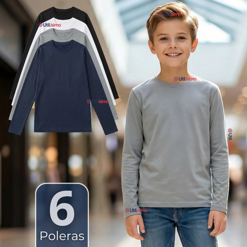 PACK 6 POLERAS CAMISETAS POLAR PRIMERA CAPA CUELLO REDONDO MANGA LARGA COLORES SURTIDO NIÑO - 1