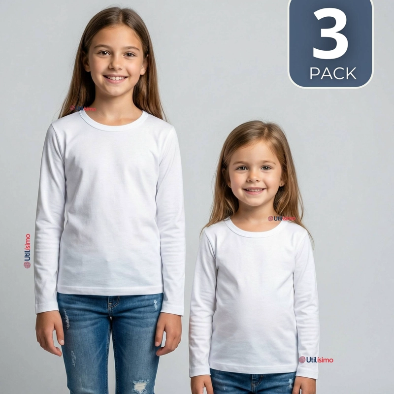 PACK 3 CAMISETAS ALGODON MANGA LARGA POLERA PRIMERA CAPA BLANCO NIÑA - 1