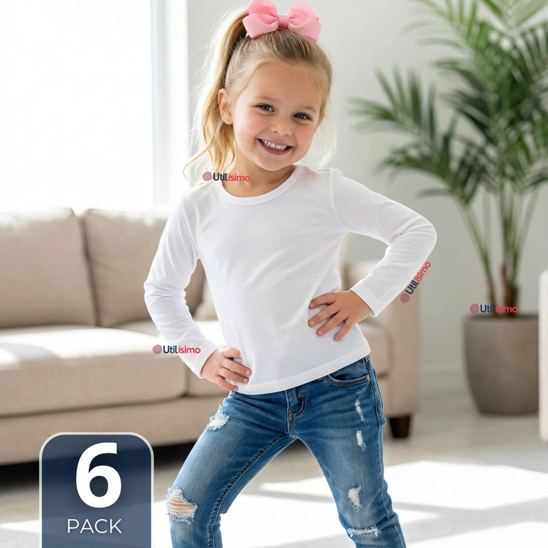 PACK 6 CAMISETAS ALGODON MANGA LARGA POLERA PRIMERA CAPA BLANCO NIÑA - 1
