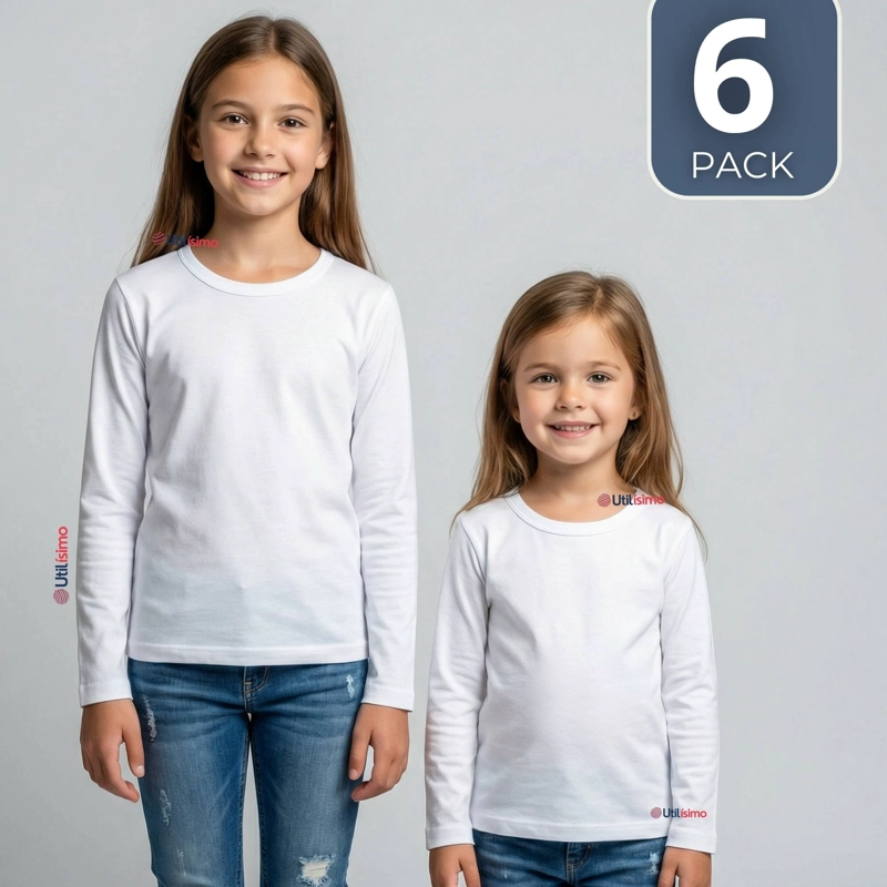 PACK 6 CAMISETAS ALGODON MANGA LARGA POLERA PRIMERA CAPA BLANCO NIÑA - 1