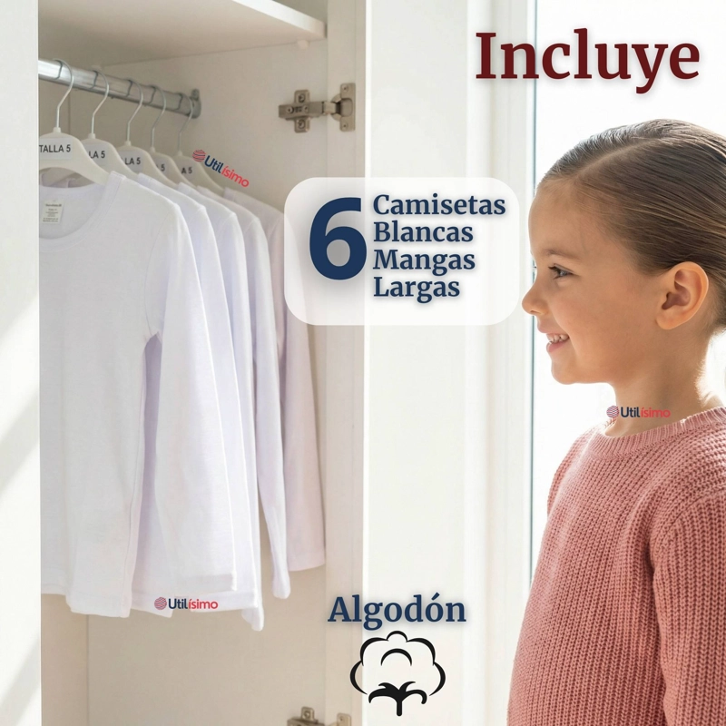PACK 6 CAMISETAS ALGODON MANGA LARGA POLERA PRIMERA CAPA BLANCO NIÑA - 4