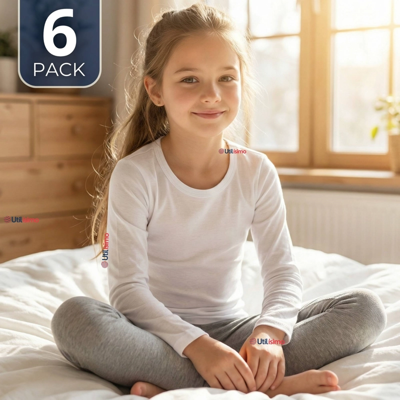 PACK 6 CAMISETAS ALGODON MANGA LARGA POLERA PRIMERA CAPA BLANCO NIÑA - 1