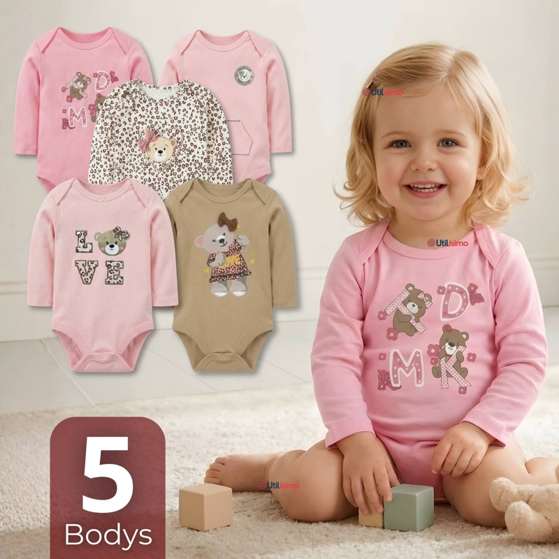 PACK 5 BODYS MANGA LARGA 100% ALGODON BEBE  NIÑA SWEET AND WILD - 1