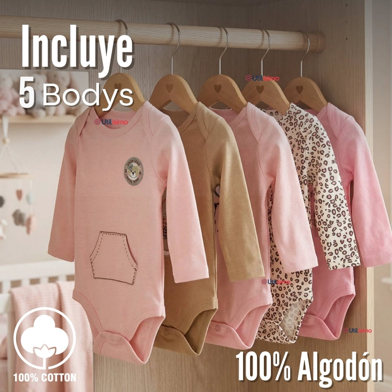 PACK 5 BODYS MANGA LARGA 100% ALGODON BEBE  NIÑA SWEET AND WILD - 4