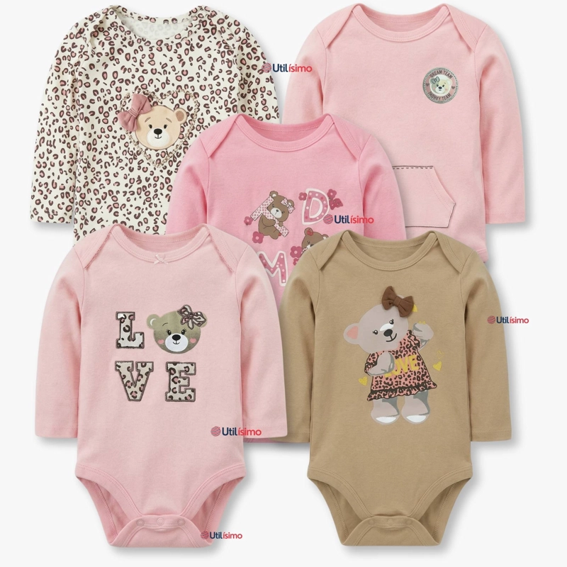 PACK 5 BODYS MANGA LARGA 100% ALGODON BEBE  NIÑA SWEET AND WILD - 1