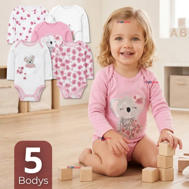 PACK 5 BODYS MANGA LARGA 100% ALGODON BEBE  NIÑA KOALA DREAMER - 1