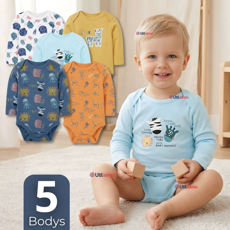 PACK 5 BODYS MANGA LARGA 100% ALGODON BEBE  NIÑO FRIENDLY SAFARI - 1