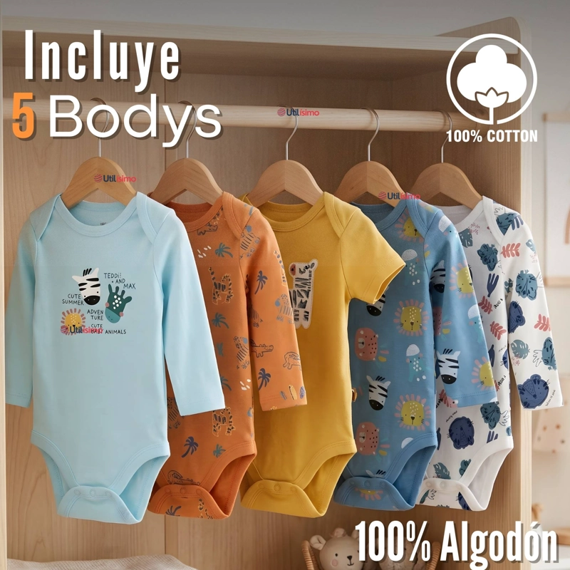 PACK 5 BODYS MANGA LARGA 100% ALGODON BEBE  NIÑO FRIENDLY SAFARI - 4