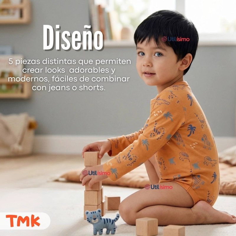 PACK 5 BODYS MANGA LARGA 100% ALGODON BEBE  NIÑO FRIENDLY SAFARI - 11
