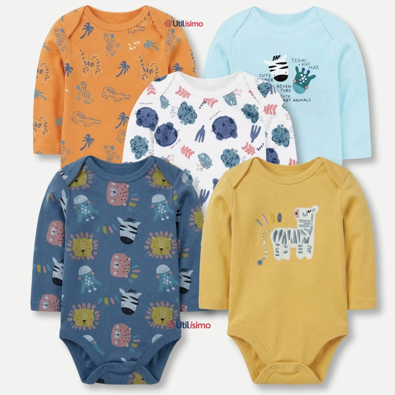 PACK 5 BODYS MANGA LARGA 100% ALGODON BEBE  NIÑO FRIENDLY SAFARI - 1