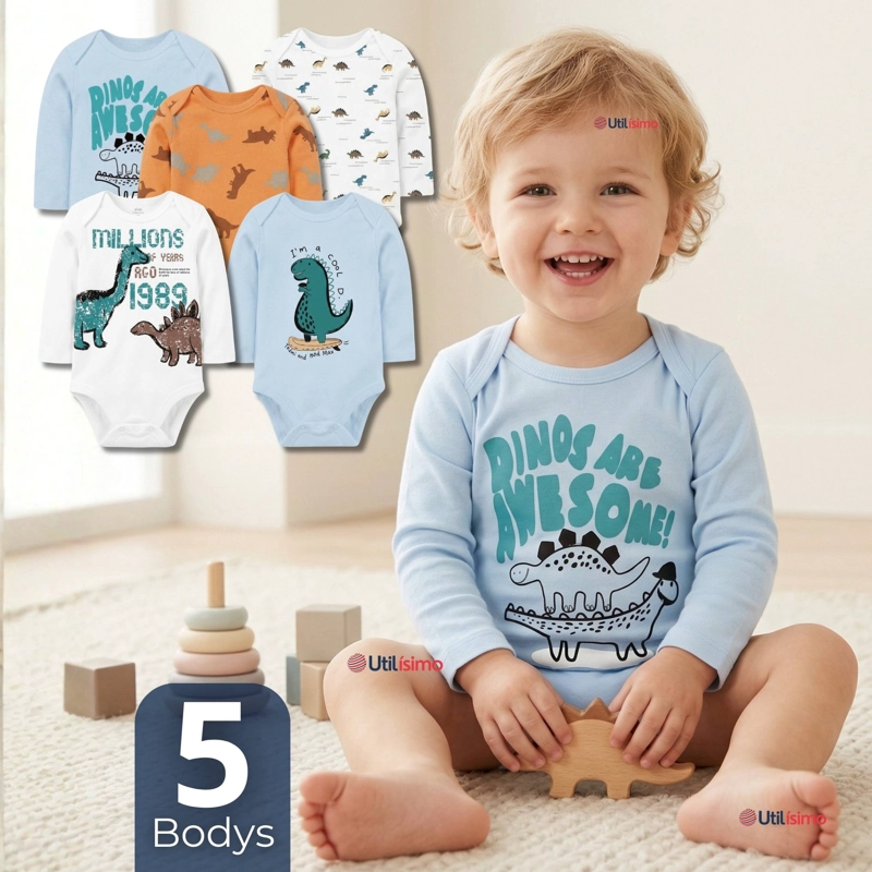 PACK 5 BODYS MANGA LARGA 100% ALGODON BEBE  NIÑO DINO AVENTURE - 1