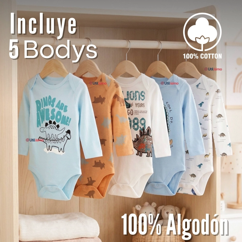 PACK 5 BODYS MANGA LARGA 100% ALGODON BEBE  NIÑO DINO AVENTURE - 4