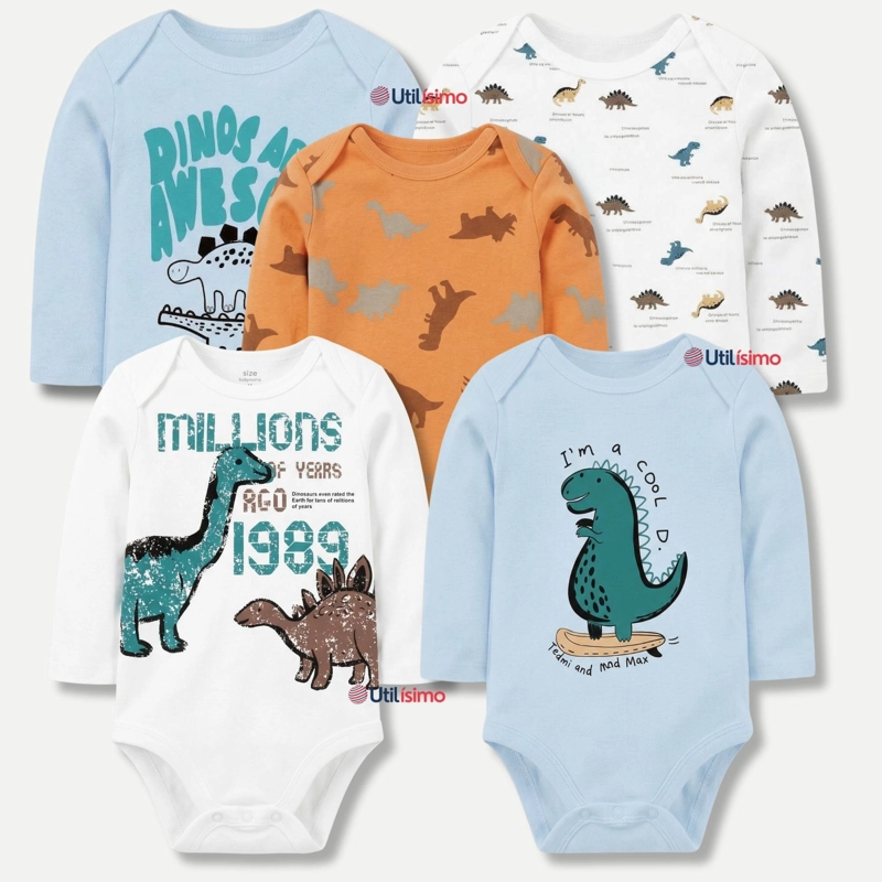 PACK 5 BODYS MANGA LARGA 100% ALGODON BEBE  NIÑO DINO AVENTURE - 1