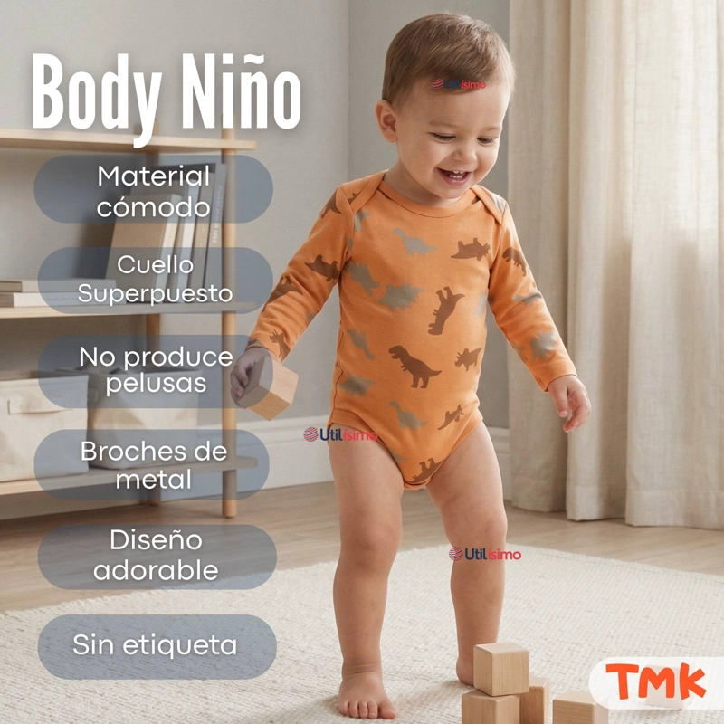 PACK 5 BODYS MANGA LARGA 100% ALGODON BEBE  NIÑO DINO AVENTURE - 6