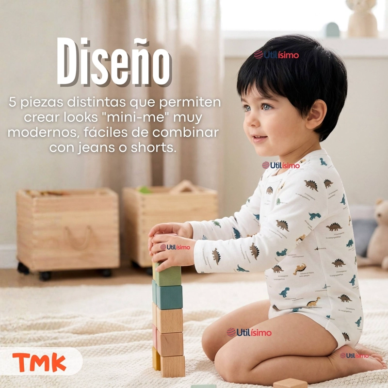 PACK 5 BODYS MANGA LARGA 100% ALGODON BEBE  NIÑO DINO AVENTURE - 11