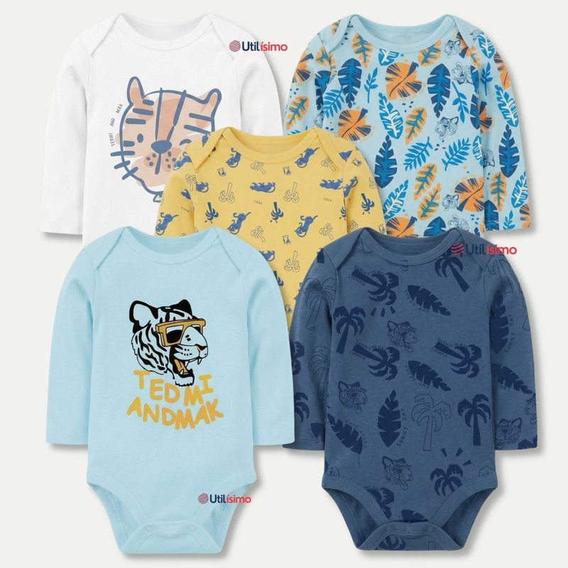 PACK 5 BODYS MANGA LARGA 100% ALGODON BEBE  NIÑO WILD TIGER - 1