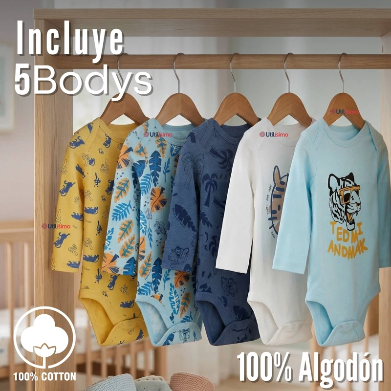PACK 5 BODYS MANGA LARGA 100% ALGODON BEBE  NIÑO WILD TIGER - 4