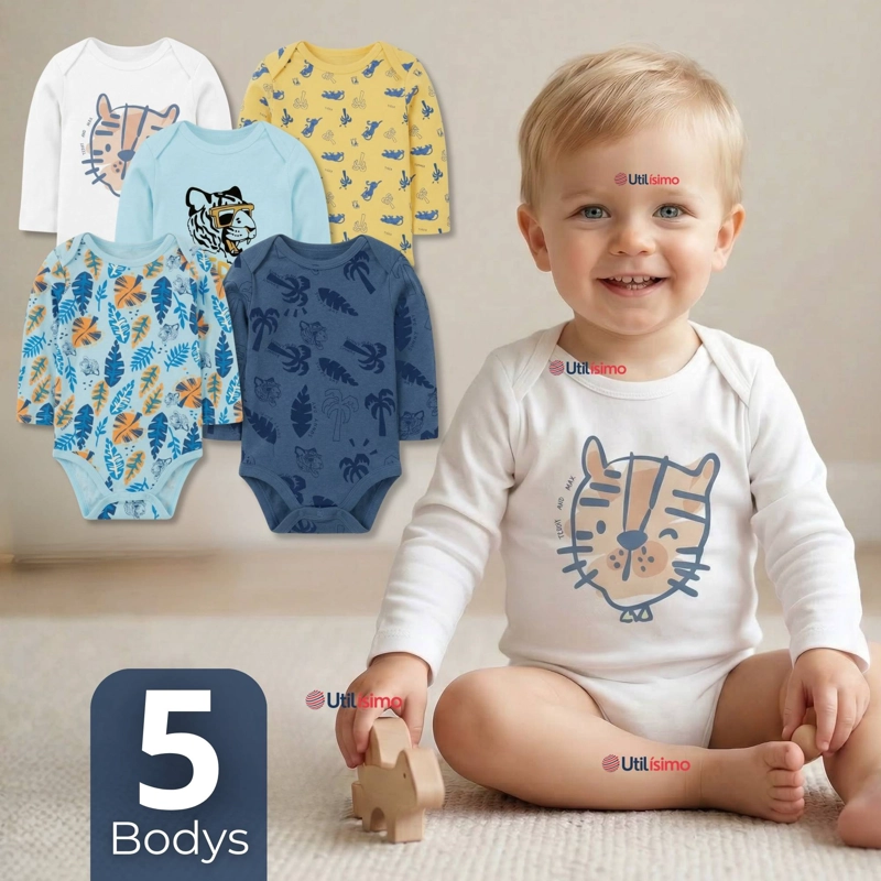PACK 5 BODYS MANGA LARGA 100% ALGODON BEBE  NIÑO WILD TIGER - 1