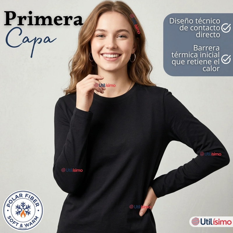 CAMISETA POLERA POLAR PRIMERA CAPA NEGRO MANGA LARGA MUJER - 5