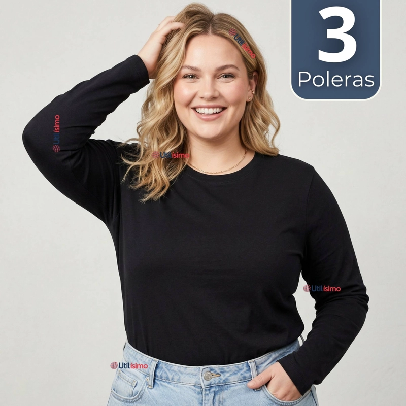 PACK 3 CAMISETAS POLERAS POLAR PRIMERA CAPA NEGRO MANGA LARGA MUJER - 1