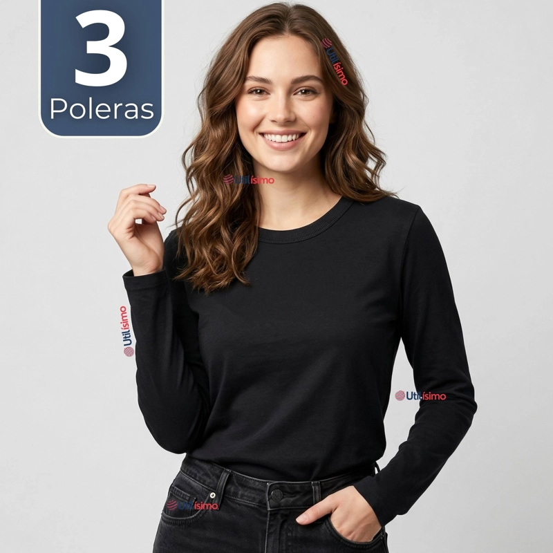 PACK 3 CAMISETAS POLERAS POLAR PRIMERA CAPA NEGRO MANGA LARGA MUJER - 1