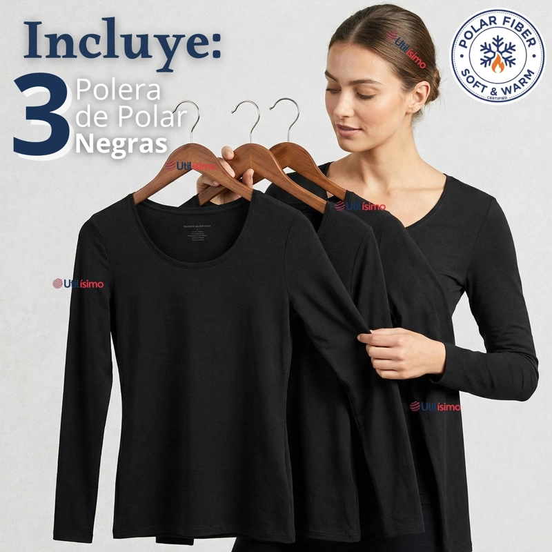 PACK 3 CAMISETAS POLERAS POLAR PRIMERA CAPA NEGRO MANGA LARGA MUJER - 2