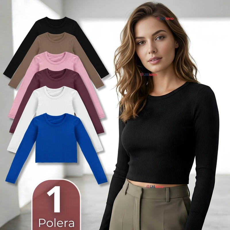 CAMISETA POLAR MANGA LARGA POLERA TELA ACANALADA COLORES SURTIDOS - 1