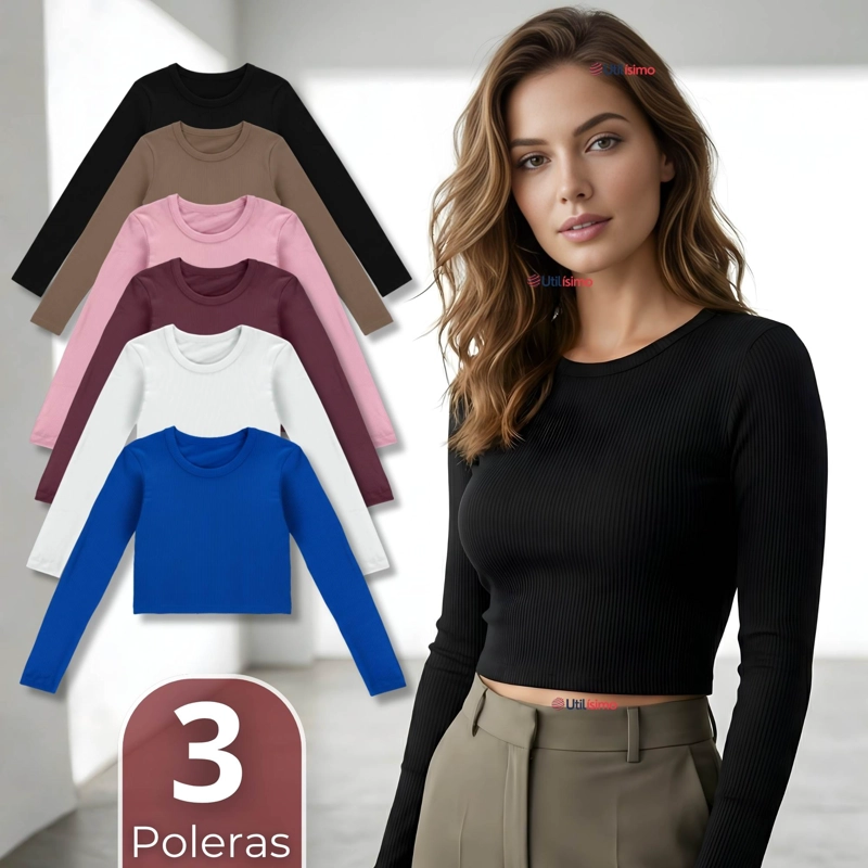 PACK 3 CAMISETAS POLAR MANGA LARGA POLERA TELA ACANALADA COLORES SURTIDOS - 1