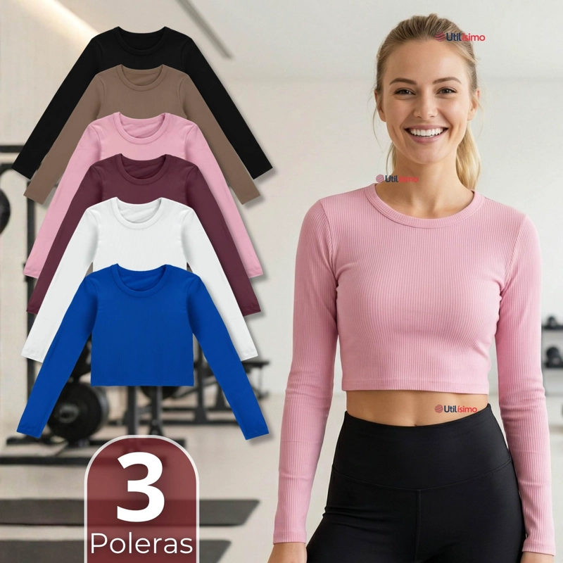 PACK 3 CAMISETAS POLAR MANGA LARGA POLERA TELA ACANALADA COLORES SURTIDOS - 1
