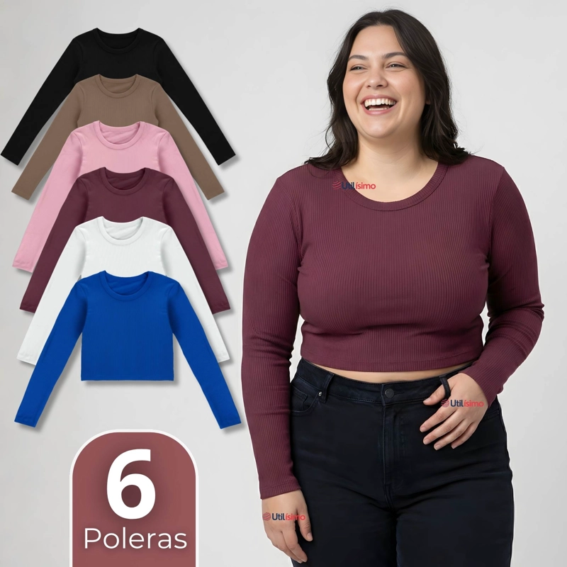 PACK 6 CAMISETAS POLAR MANGA LARGA POLERA TELA ACANALADA COLORES SURTIDO - 1