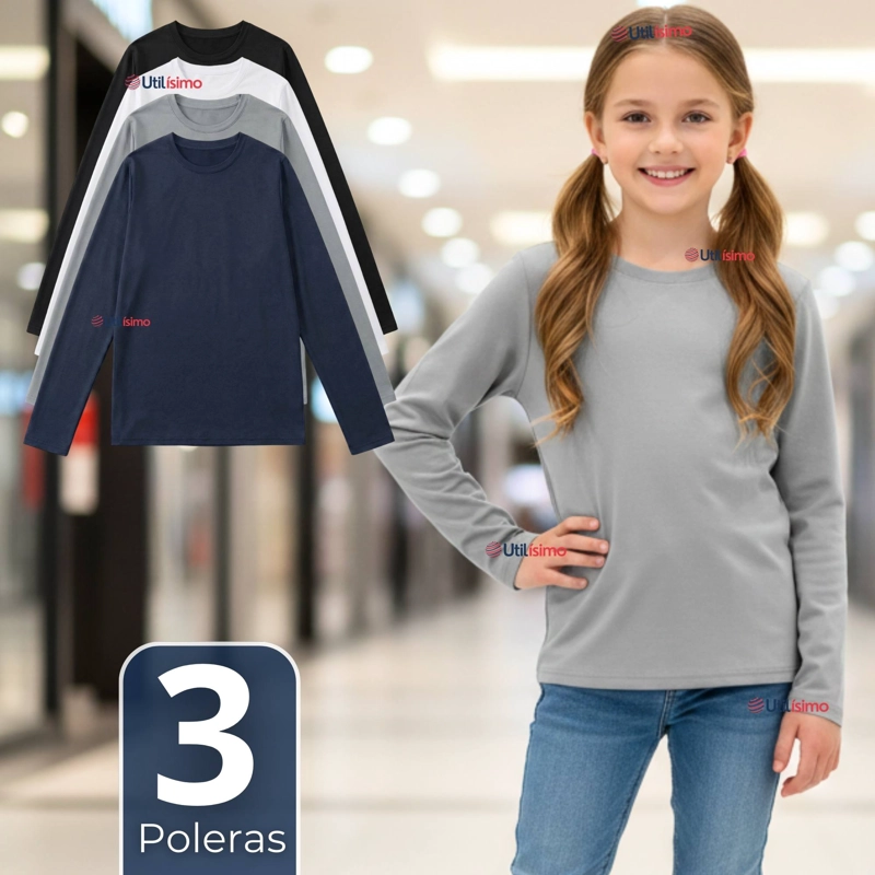 PACK 3 POLERAS CAMISETAS POLAR PRIMERA CAPA CUELLO REDONDO MANGA LARGA COLORES SURTIDO NIÑA - 1