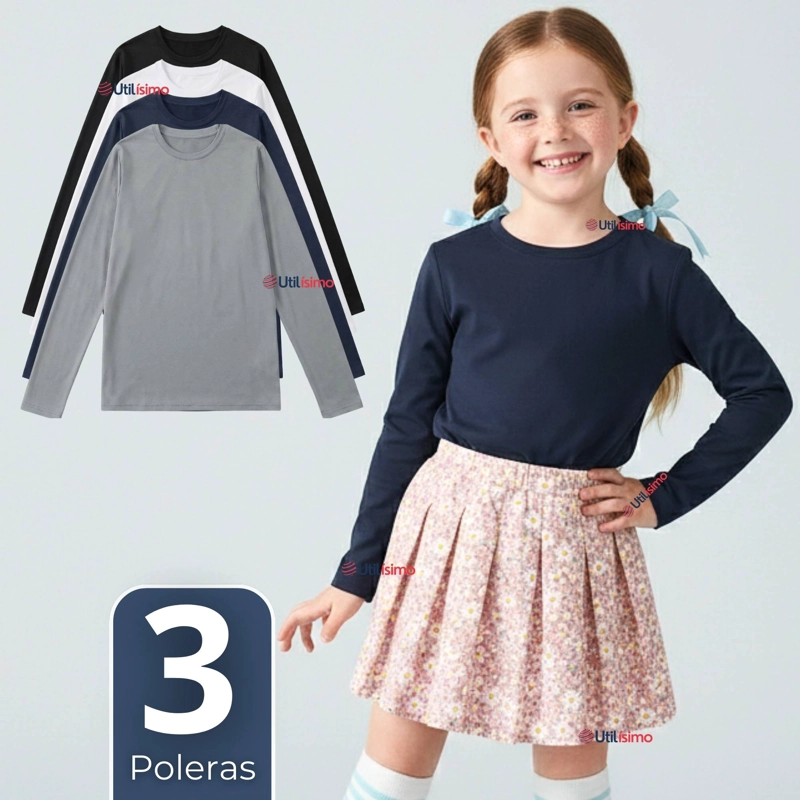 PACK 3 POLERAS CAMISETAS POLAR PRIMERA CAPA CUELLO REDONDO MANGA LARGA COLORES SURTIDO NIÑA - 1