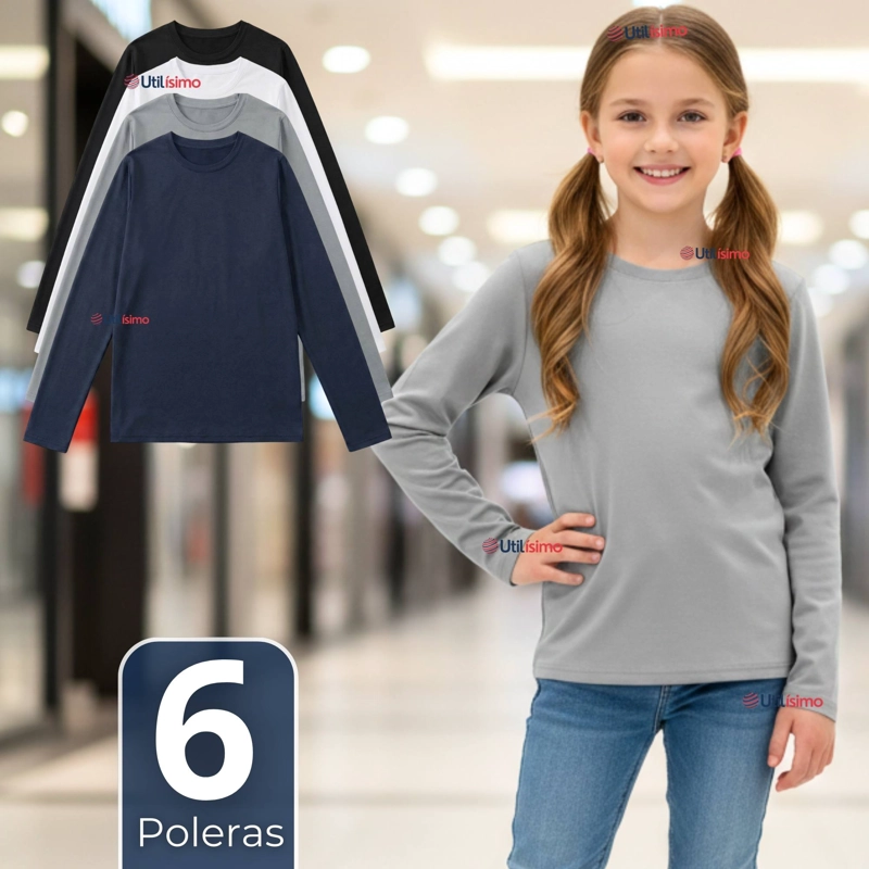PACK 6 POLERAS CAMISETAS POLAR PRIMERA CAPA CUELLO REDONDO MANGA LARGA COLORES SURTIDO NIÑA - 1