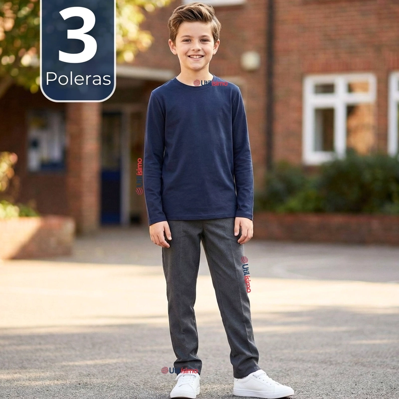 PACK 3 POLERAS CAMISETA POLAR AZUL PRIMERA CAPA ESCOLAR CUELLO REDONDO MANGA LARGA NIÑO - 1